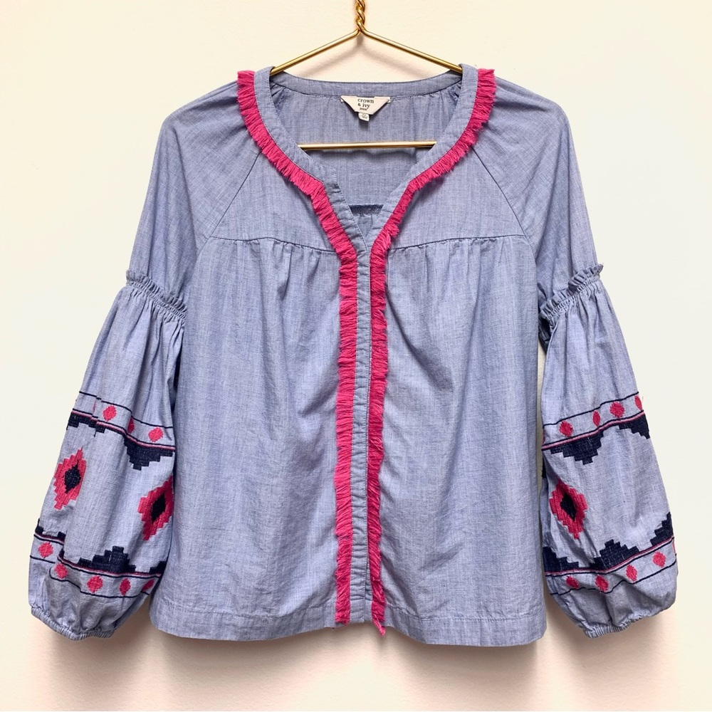 Crown & Ivy Embroidered Boho‎ Fringe Top Petite Small PS Snap Front Long Sleeve
